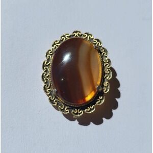Banded Agate Brooch Womens Brown Excellent Vintage Filigree Gold Tone